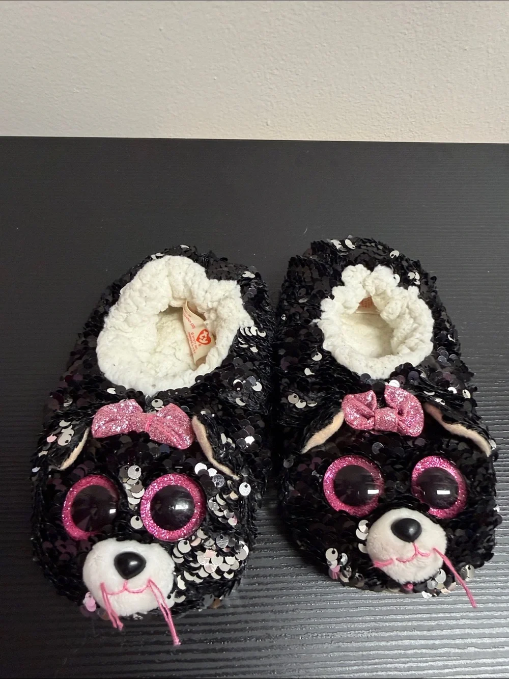 Little Girls Sequin Kitty Slippers - Pink Glitter Eyes